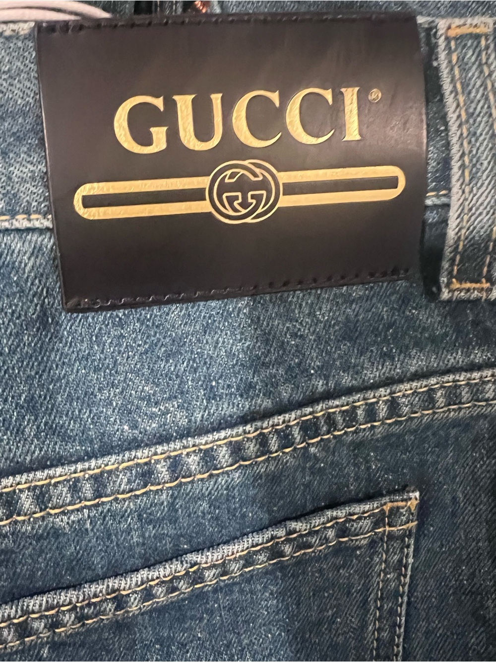 Gucci Blue Denim Slim Straight Jeans with Black Leather Gold Logo Patch